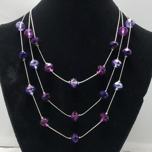 Amethyst color crystal multi layer graduated necklace with silver chain